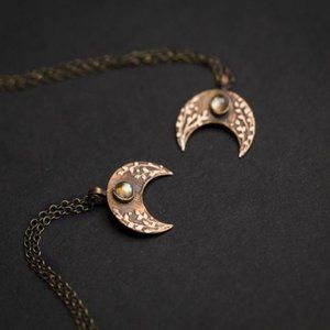 Copper crescent moon necklace with moonstone